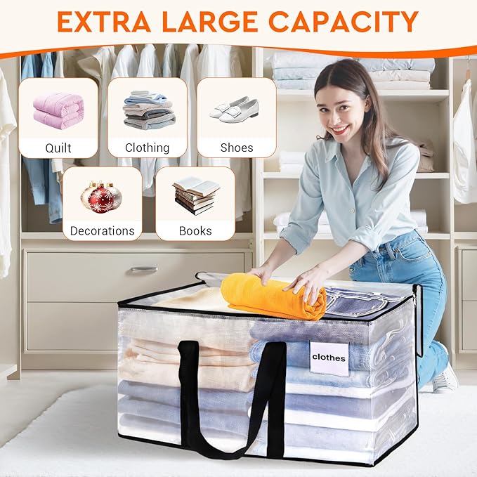 HomeHacks Clear Moving Bags Heavy Duty 2 Pack, Storage Bags with Zipper, Extra Thick Handles & Waterproof Packing Boxes for Moving, Camping, Home Organization 125L/33Gal (28.7"x16.5"x16.1")
