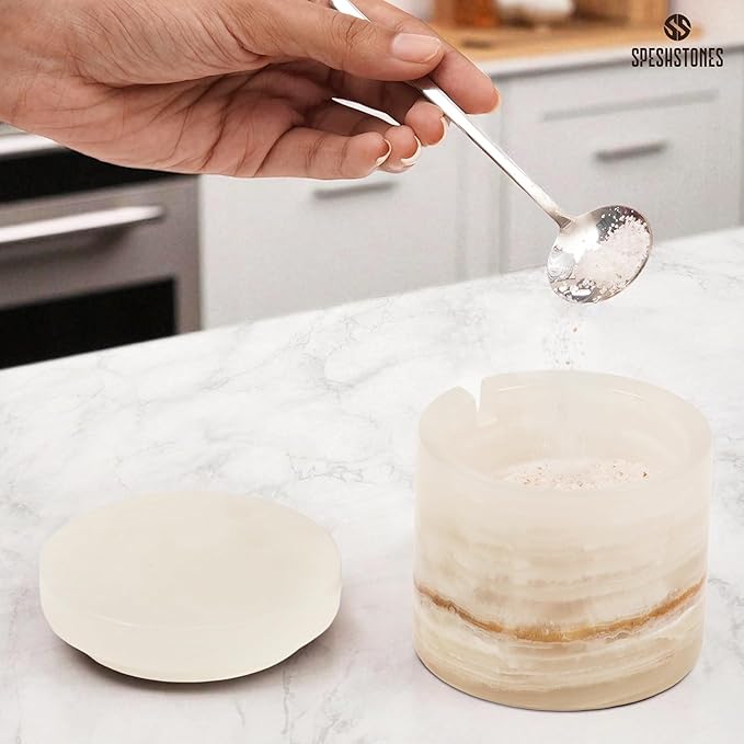Marble Salt Cellar 3 Inch Cream Onyx Salt Containers for Countertop, Sugar Bowl With Lid, Salt Holder, Spice Jars, Salt Box for Seasoning Storage Container, Salt Dish for Kitchen Decor