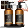 16.9 Oz Glass Foaming Soap Dispenser 2 Pack (Amber) | Refillable Hand & Dish Soap Pump, With Silicone Tray & 8 Waterproof Labels, For Bathroom & Kitchen，Perfect Housewarming Gift