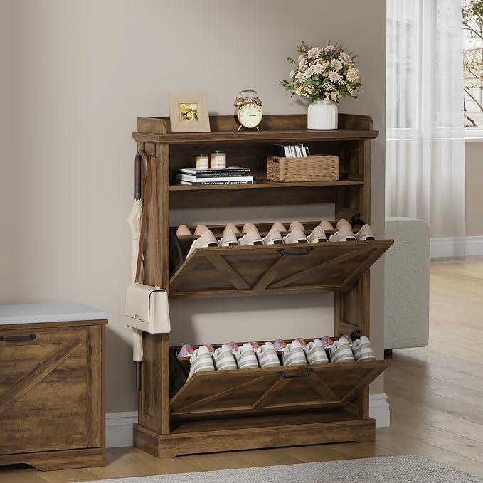 Shoe Cabinet with 2 Flip Drawers, Farmhouse Narrow Shoe Cabinet Organizer with Double-Layer Top, Freestanding entryway organizer with adjustable shelves and hooks, for, Foyer, Hallway, Brown