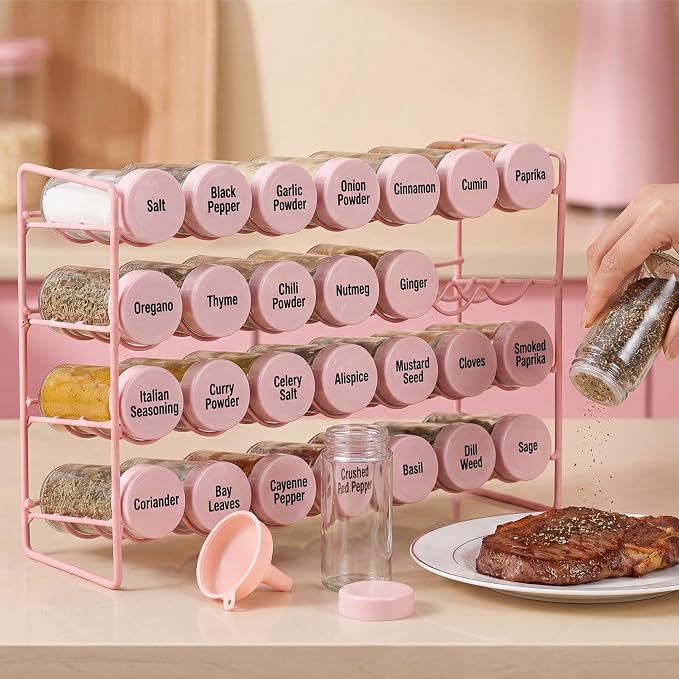 FoldTier Spice Rack Organizer with 28 Spice Glass Jars, 56 Labels, Funnel and Marker Set, Complete Countertop Seasoning Rack Organization for Cabinet, Kitchen Storage, Pantry, Cupboard (Pink)