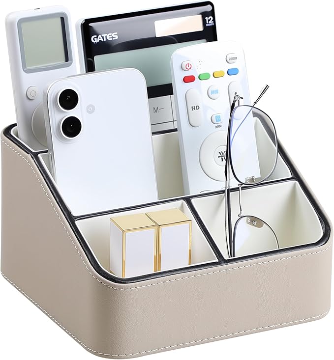 PU Leather Remote Control Holder, Nightstand Organizer with 4 Compartments | Luxury Desk Caddy with Velvet Lining, Small Desk Organizer for Living Room, Bedroom, Bedside, End Table, 6.8" x 6.7" x 4"