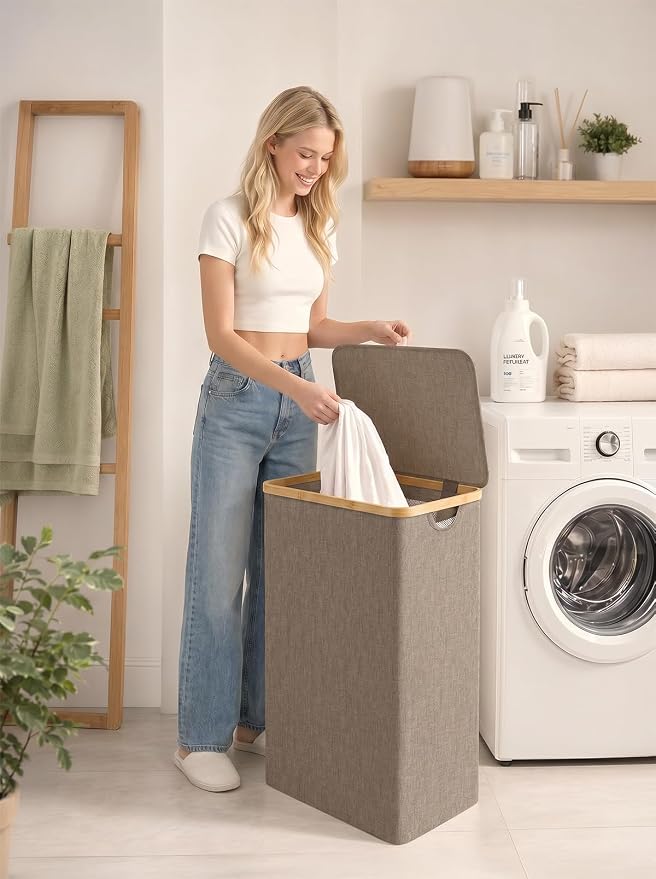 iEGrow Laundry Hamper with Lid, 110L Large Laundry Basket with Handle, Collapsible Clothes Basket Organizer with Removable Inner Bag for Clothes Towels -Brown