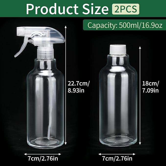 Cosywell Glass Spray Bottles 16.9oz/500ml 2 Pack Clear Empty Spray Bottle | Mist/Stream Heavy Duty, Water Spraying Bottle, for Cleaning, Cooking Solutions, Hair Care, Including a funnel and two lid