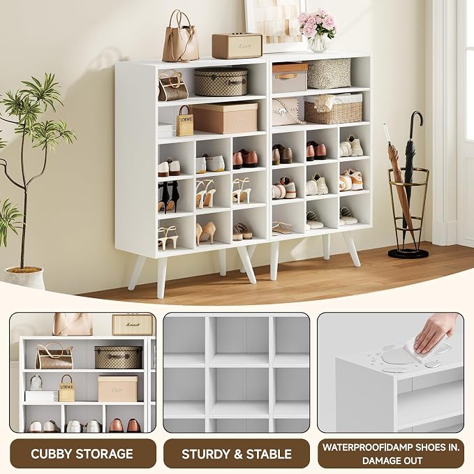 5 Tiers Shoe Storage Cabinet, Stackable Shoe Cubby Wooden Shoe Rack Organizer with 9 Cubbies, 2 Shelves and Legs, 10-15 Pairs, Freestanding Shoe Organizer for Closet, Entryway, Bedroom, White