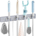 OUTNILI Gray Mop Broom Holder Wall Mount with 4 Slots & 4 Hooks - Wood Broom Mop Hanger for Pantry Closet Laundry Room Organization - Heavy Duty Garden Tool Organizer