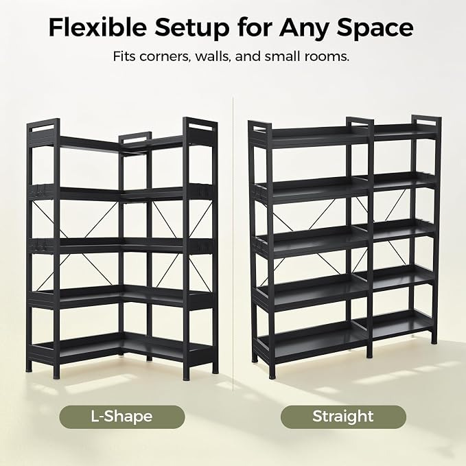 GTPLAYER 5-Tier Corner Bookshelf, L-Shaped Metal Frame Shelf with Tall 14" Shelves, Plant Stand and Storage Rack for Small Spaces, Living Room and Home Office, Black