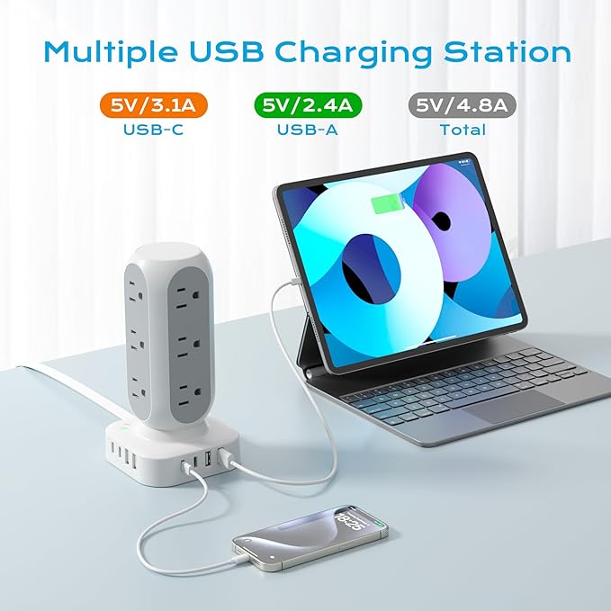 TenTrend Power Strip Tower, 4.8A Fast Charging Tower, 5 FT Extension Cord | 12 AC Outlets & 8 USB Ports (4USB-C), Flat Plug Charging Station for Home, Office, Dorm Room