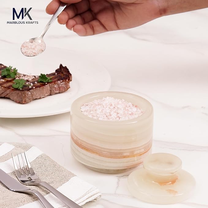 MARBLOUS KRAFTS Marble Salt Cellar 3 Inch White Onyx Salt Holder With Lid for Spice Jar & Stone Salt Container, Modern Sugar Bowl
