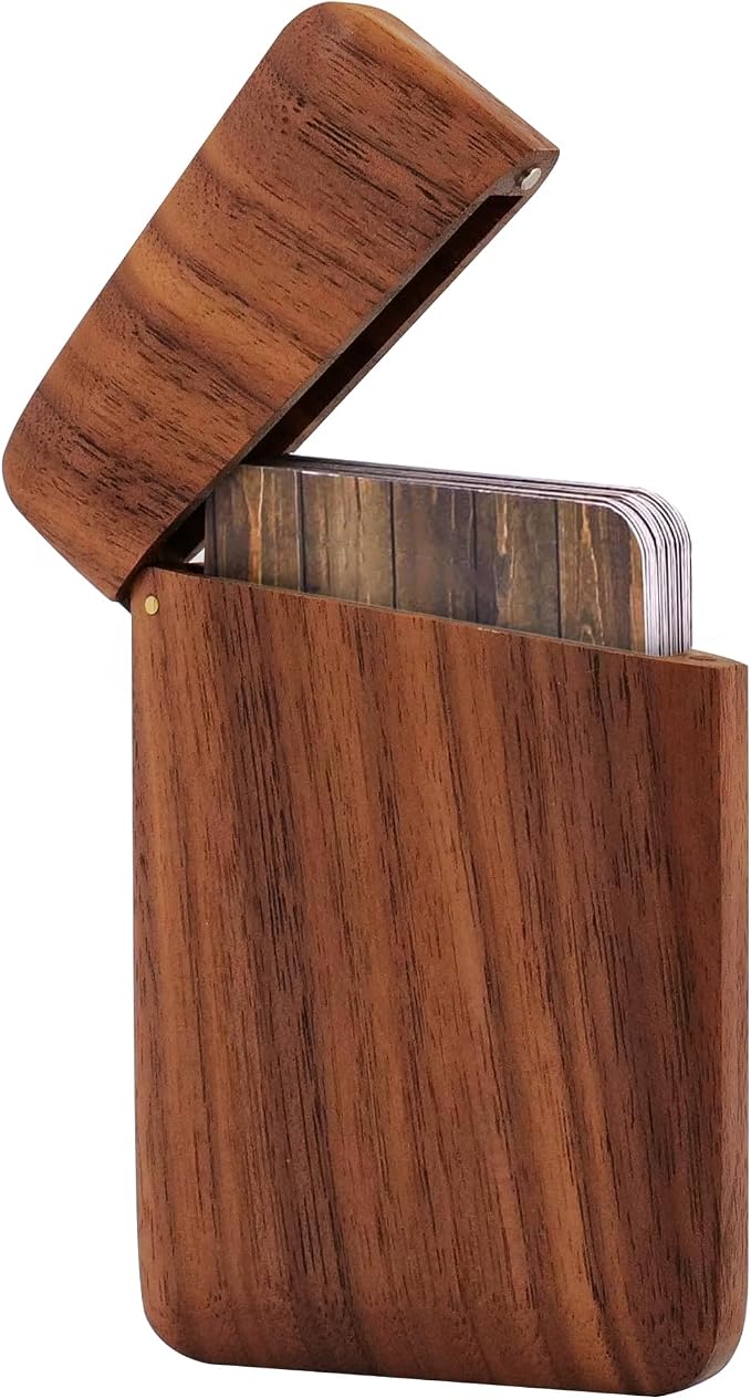 sunking Walnut Wood Business Card Holder with Magnetic Closure, Handmade Wooden Business Card Case Holds Up to 28 Cards, Slim Professional Card Holder for Men & Women, Executive Office Gift(Walnut-2)