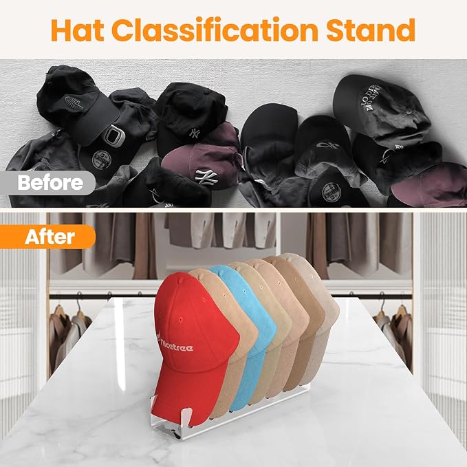 Nicetree Hat Organizer for Baseball Caps, 4 Pcs No Install Acrylic Hat Racks for 28 Baseball Caps Storage, Hat Stand for Caps Display and Organizer for Dresser, Bedroom, Closet, Office
