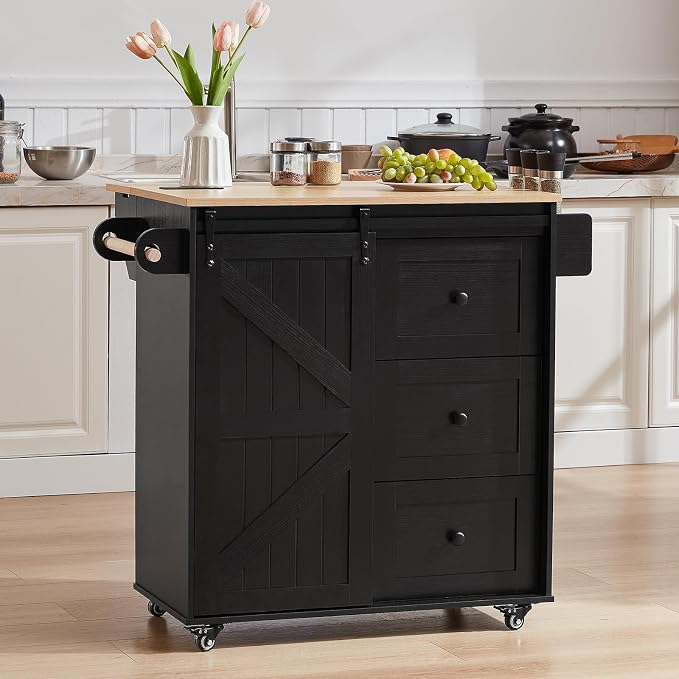ONBRILL 31.5" Farmhouse Kitchen Island with Drop Leaf & Power Outlet, Rolling Kitchen Cart with Sliding Barn Door, Portable Island Table with 3 Drawers, Spice Rack & Towel Holder