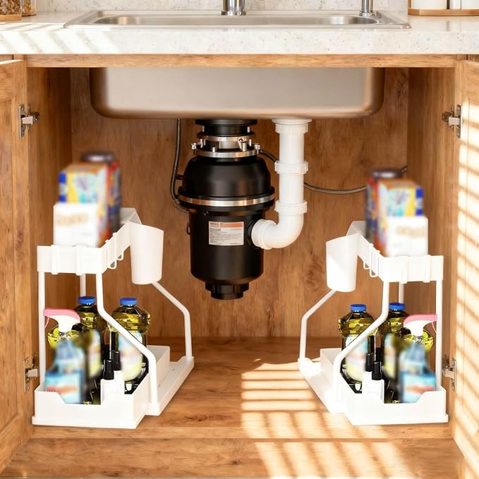 Under Sink Organizers and Storage, 2-Tier Sliding Cabinet Basket Organizer with Hooks, Multi-Purpose Under Sink Organizers and Storage for Bathroom Kitchen (Black, 1 PC)