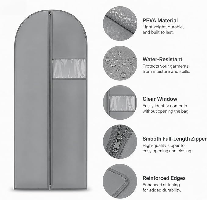 Kimmama Dress Bags for Gown, Garment Bag for Long Trench Coat, 23.6" x 65" | PEVA Clothes Cover, For Bridesmaid, Ball, Wedding Gown, Clear Windows, Dustproof, Keep Dry, Travel, 3 Pack