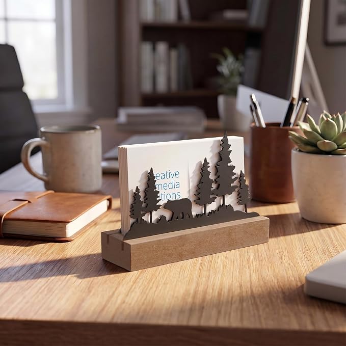 CroBlissful 2 Pcs Bear Business Card Holders for Desk, Wood&metal Black Cabin Bear Forest Silhouette Business Card Display Stand for Home Office