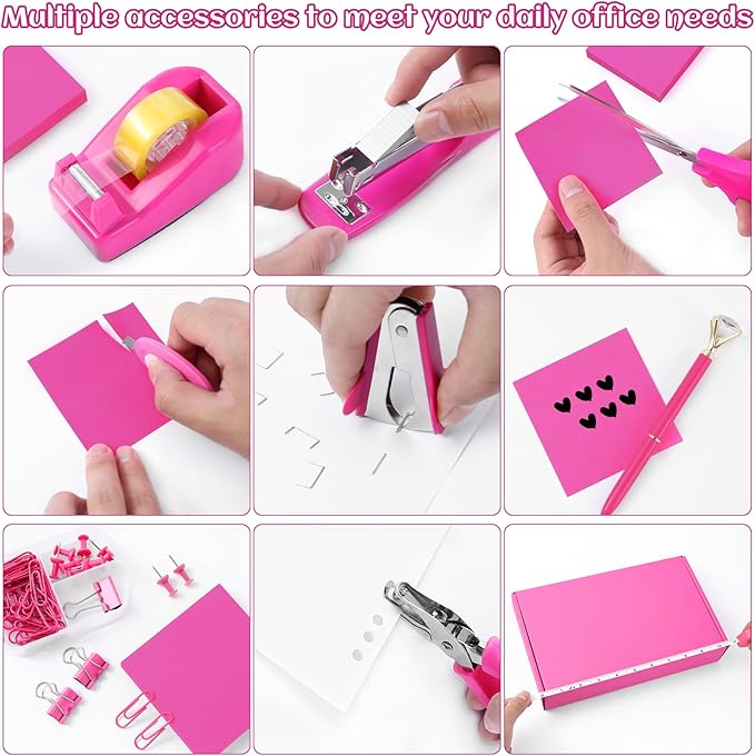 Hot Pink Desk Accessory Kit Cute Office Supplies Set Desktop Stapler Set Includes Staple Remover Hole Punch Tape Dispenser Ballpoint Pen Scissor Mini Box Cutter Tape Measure Paper Clips Sticky Notes