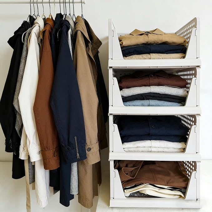4 Pack Stackable Collapsible Closet Organizer - Sturdy PP Plastic Clothes Storage Bins, Easy to Assemble Space-Saving Organizers for Clothes, Coats, Towels, Toys, RV/Camper Small Spaces