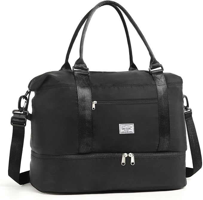 TANTOMI Travel Duffle Bag for Women Personal Item Travel Bag with Shoes Compartment, Weekender Overnight Bag Carry On Duffle Bag Tote Gym Bag for Travel, Sports, Hospital, Dance, Black