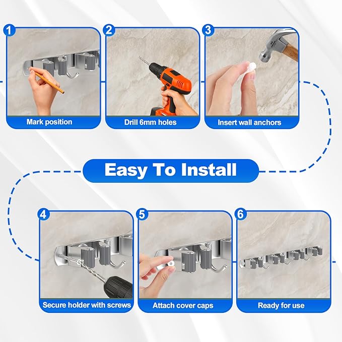 Broom Holder Wall Mount Mop Organizer, 4 Racks 3 Hooks, 2 Pack | Premium Stainless Steel Broom Hanger for Durable Rustproof Tool Rack Storage in Home, Kitchen, Garden, Laundry, Garage