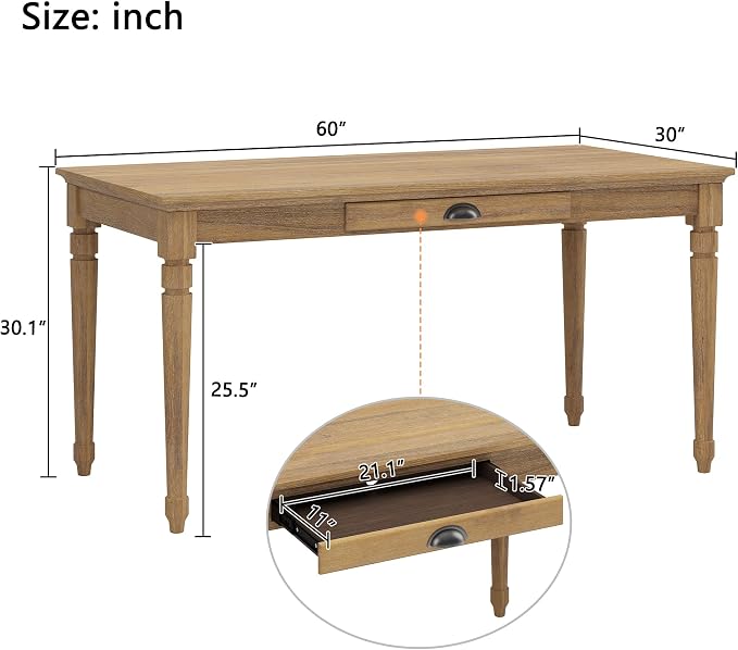 Polibi 60" Farmhouse Writing Desk with Drawer Keyboard Tray (Seadrift) | Turned Legs, Quick Assembly, Pre-Assembled Top, For Home Offices, Writing, Computer Workstations.