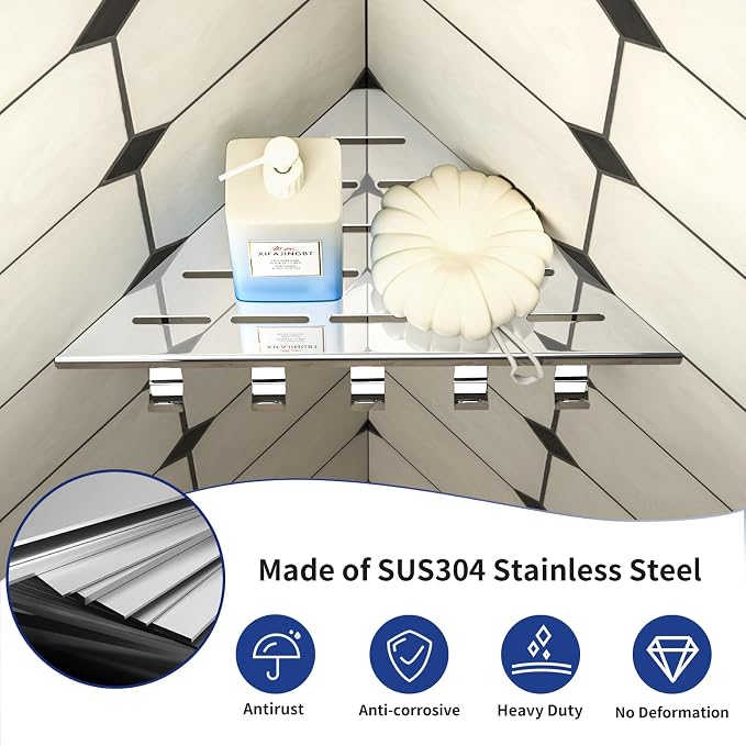 10‘’ Corner Shower Shelf | 304 Stainless Steel Shelves for Bathroom, Grout in Shelf with Hooks for Tiled Wall (Polished)