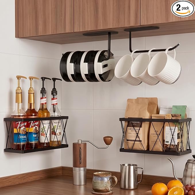 4 Pack Adhesive Cabinet Door Organizer, Rustproof Carbon Steel Lid Storage Holder,Inside cabinet door storage,Tumbler & Food Container Lid Rack,No Drill Storage Basket for Kitchen Cabinet & Bathroom
