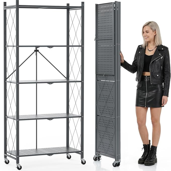 DEANIC 70.7" Tall Extra Large 5-Tier Folding Storage Shelf with Wheels, No Assembly Collapsible Metal Rack with Leveling Feet for Garage, Pantry, Basement, Vendor Display, Kitchen(Gray,1 Pack)