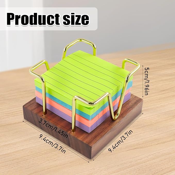 MultiBey Walnut Sticky Note Holder for Desk - Wood & Gold Wire Rack | Self-Stick Note Pad Holder & Metal Wire Notepad Dispenser. Stylish Desktop Post-It Organizer for Office Supplies