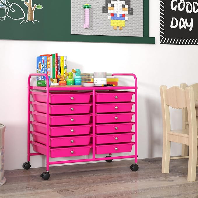 LDAILY 12 Drawer Rolling Storage Cart, Craft Cart Organizer on Wheels w/Metal Frame, Large Capacity & Smooth Drawer, Rolling Cart w/Drawers for Classroom, Office