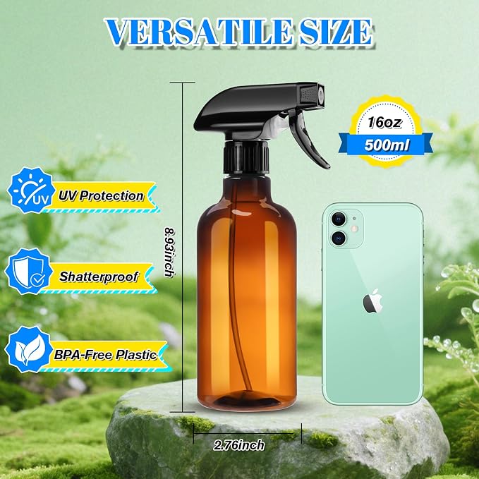 DIYSELF 2 Pack Spray Bottles for Cleaning and Lab Use, 16 oz, Amber | Refillable plastic spray bottles with trigger sprayers for home, garden, liquids and general household applications