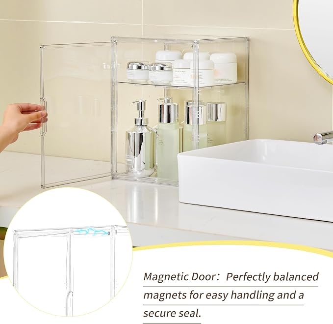 LXLXXL 2 Tier Stackable Acrylic Display Case with Magnetic Lids, 2 Pack | Clear Stackable Bins with Magnetic Lids, Clear Storage Box for Figures and Makeup, Durable Dustproof Display Case Organizer