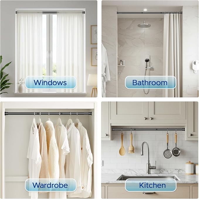 Tension Rods 28 to 49 Inch, 1" Heavy Duty Adjustable Spring Tension Curtain Rod - Non-Slip No Drill Shower Curtain Rod for Bathroom, Window, Closet & Doorway, Black