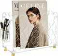 Clear Acrylic Magazine Holder with Handle and Detachable Pen Holder | Wave-Edge Floor Magazine Rack with Replaceable Anti-Slip Gold Feet for Home, Office, Bathroom, or Living Room Storage