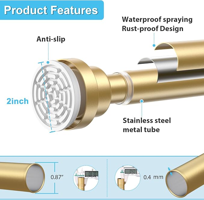 Tension Curtain Rod 30 To 63 Inch Gold Tension Rods Adjustable Spring Loaded Curtain Rods 7/8" Curtains Rods No Drilling Tension Rods For Windows Bedroom Closet Doorway Door 2pcs