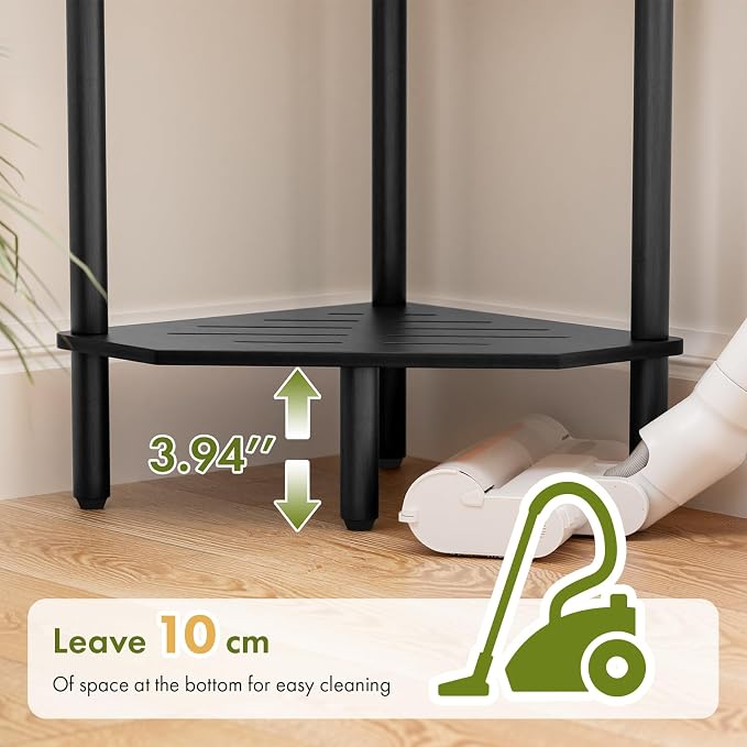 Black Corner Bathroom Shelf, 3 Tier Bamboo Kitchen Corner Shelves, Display Shelf, Shower Corner Caddy, Indoor Plant Stand Balcony, Freestanding Storage Organizer Stand for Living Room, Small Spaces