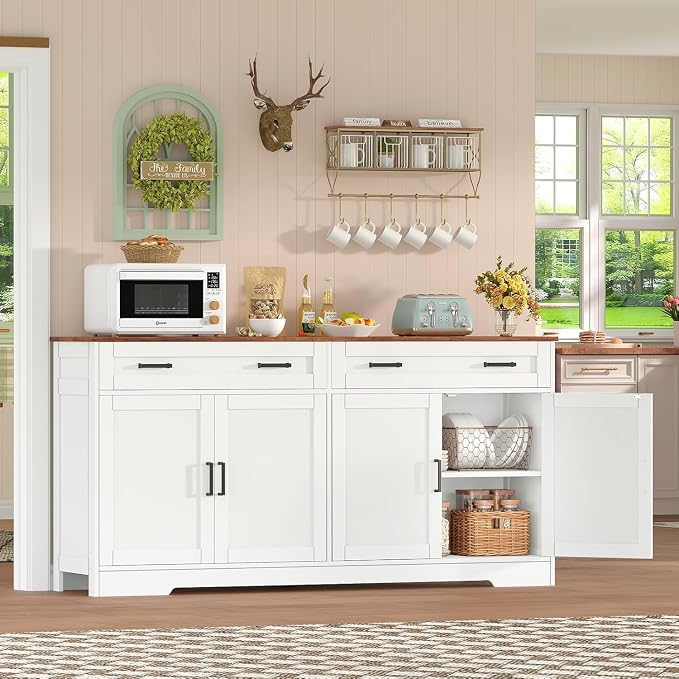 usikey 55" Buffet Cabinet with Storage and Drawers, Large Sideboard Buffet Cabinet with Adjustable Shelves and Doors, Modern Coffee Bar for Kitchen, Living Room, White