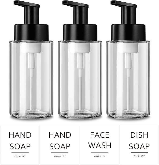 RYTOXILO Foaming Soap Dispenser, 10 oz/300ml Foaming Hand Soap Dispenser, 3 Pack Glass Foaming Soap Dispenser for Bathroom & Kitchen, Clear Refillable Foam Soap Dispenser Bottle with Waterproof Labels