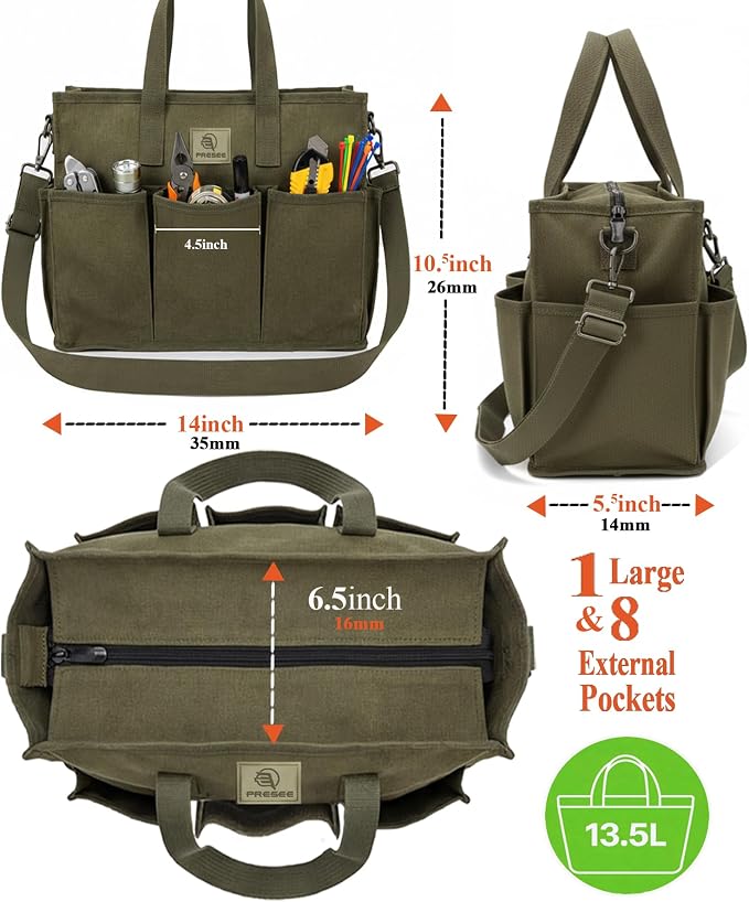 Portable Garden Tool Bag, Canvas Organizer with Adjustable Strap – Green