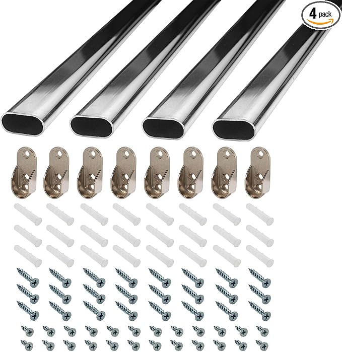 Outwater 18 Inch Steel Oval Closet Rod Kit, 9/16 Inch x 1-3/16 Inch Polished Chrome Heavy Duty Closet Hanging Rod with Metal Brackets, Wall Anchors and Screws, Pack of 4