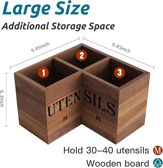 Suli Extra Large Utensil Holder Countertop for Corner Kitchen Counter | Acacia Wood,Hold 40 Utensils,Removable Divider,Spacesaving,Farmhouse Cooking Utensil Organizer for Spatula,Spoon,Ladle,Brown
