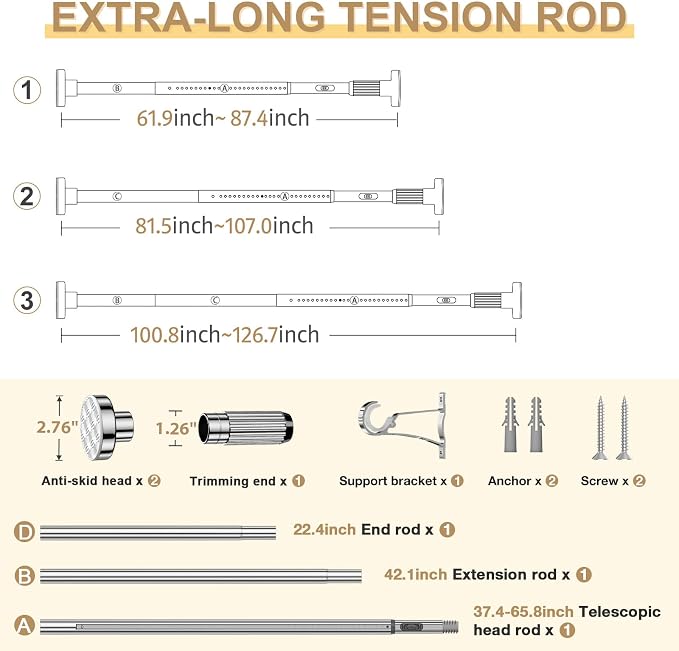 Silver Tension Curtain Rod 41-126In(4-10Ft), Long Outdoor Curtain Rod No Drilling for Window or Patio, Heavy Duty Shower Rod for Bathroom,Rod Diameter 1.26In-One-bond stretching