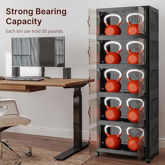 Stackable Storage Bins with Lids, Collapsible Storage Boxes, Foldable Plastic Storage Drawers for Bedroom,Office, Dorm (5, Black, M)