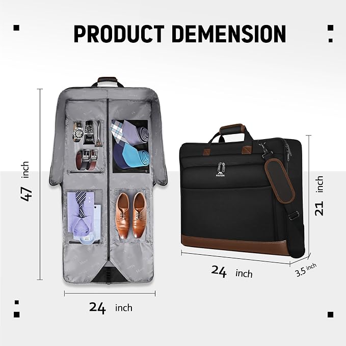 MATEIN Suit Garment Bag for Travel, Large Garment Bags for Hanging Clothes | Foldable Suit Carrier, Premium, 2 in 1 Hanging Suitcase Luggage, For Business, Shoulder Strap, Black Brown