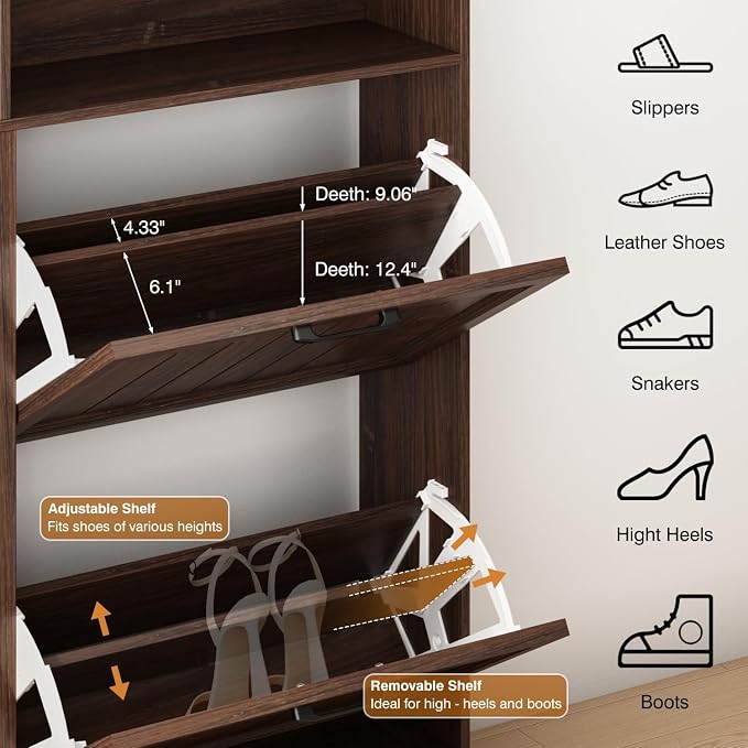 Shoe Storage Cabinet with 4 Flip Drawers, Farmhouse Modern Hidden Shoes Rack Cabinet with Adjustable Shelves & Open Storage, Narrow Slim Shoe Organizer for Front Door Entrance, Entryway, Walnut