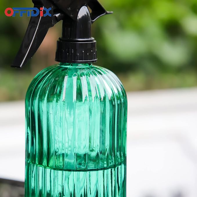 OFFIDIX Glass Spray Bottle, Fine Mist Plant Mister Handheld Pressure Spray Bottles,0.4L/13.5oz Watering Can with Adjustable Nozzle for Outdoor Indoor Gardening and Cleaning Work (Green)