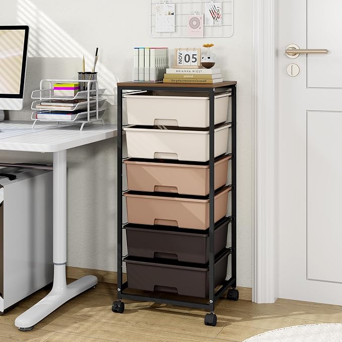 6 Drawer Rolling Storage Cart with Wooden Top and Wheels for Crafts,Brown | Easy Setup, Large Capacity, Sturdy Build, Lockable Mobility, For office, classroom and art studio supplies