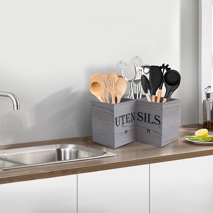 Suli Extra Large Utensil Holder Countertop for Kitchen Counter,Grey Grain | Hold 40 Utensil,Removable Divider,Rutic Silverware Organizer Caddy,Spacesaving,Farmhouse Cooking Crock for Spatula,Spoon,Wood