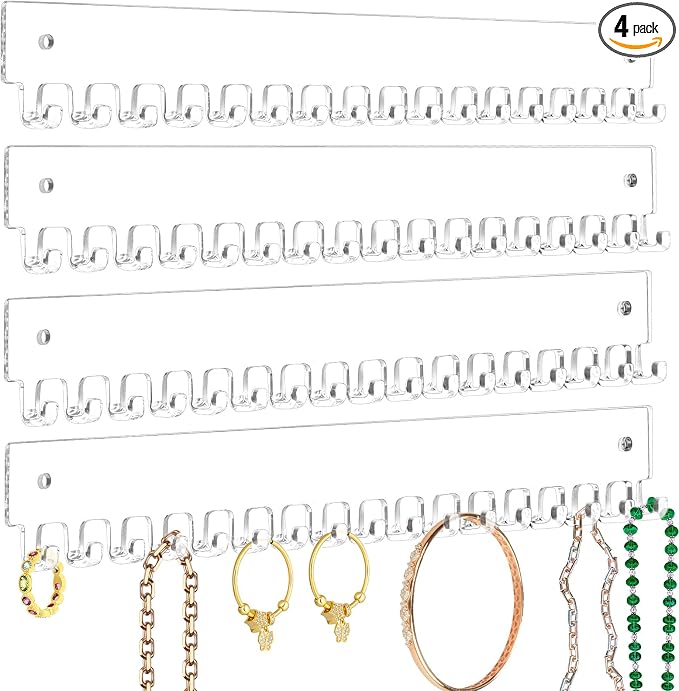 Acrylic Necklace Holder 4 Pack Wall Mounted Necklace Organizer Hanging Jewelry Organizer with 17 Hooks for Necklaces, Bracelets, Rings and Bangles Display (14.17 inch)
