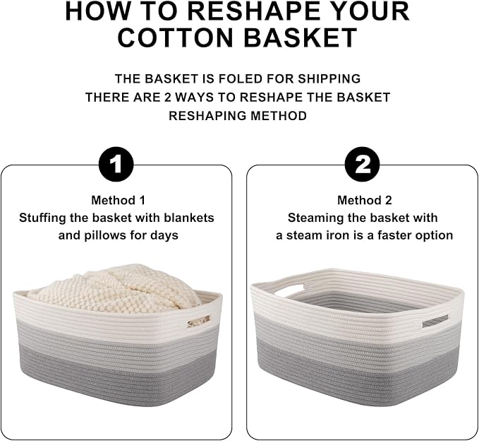 OIASKET Large Storage Basket for Organizing, Woven Rope Basket for Shelves, Closet Organizer Bins for Clothes, Blanket, Toys, Baby Nursery Storage, 17.7" x 13" x 7.87", 2 Packs Gradient Grey