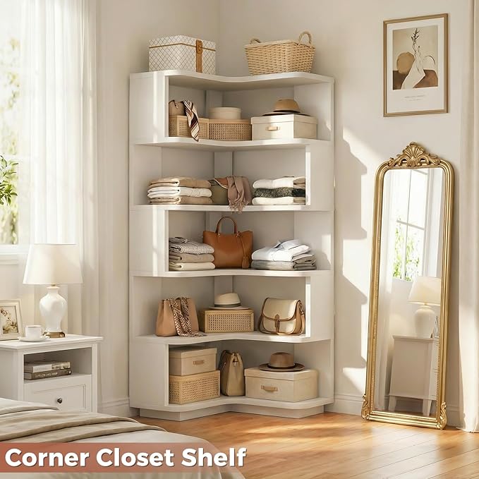 Besiost Corner Book Shelf, 6-Shelf Corner Bookshelf for Small Corner Spaces, L-Shape Bookcase Corner Display Shelf for Home Office, Living Room, Bedroom, White